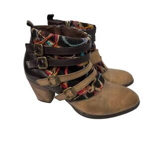 L’Artiste Boots Womens 8 Ankle Booties Brown Leather Block Heel Multicolor 38